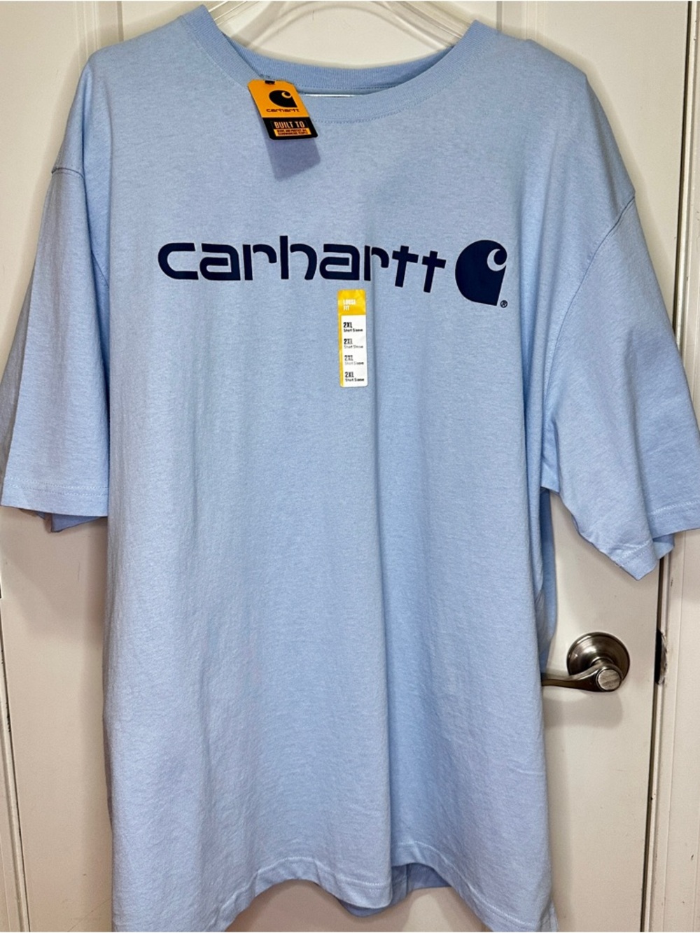New 2XL Carhartt Light Fog Blue Short-Sleeve Tee w Navy Logo Loose Fit K195-HC5